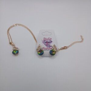 Rainbow Rhinestone Butterfly Necklace Earring Set